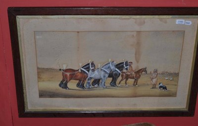 Lot 1160 - H W Standing, 19th century naive watercolour, Shire horses with shepherd (faded)