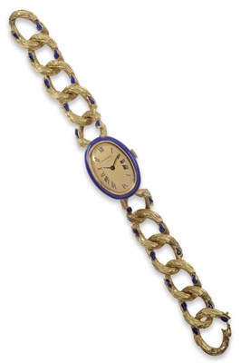 Lot 216 - A Lady's 18ct Gold Enamel Wristwatch, signed Bueche Girod, circa 1970, lever movement, silvered...