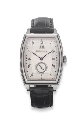 Lot 221 - A Fine 18ct White Gold Automatic Calendar Tonneau Shaped Wristwatch, signed Breguet, ref: 5480,...