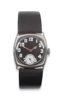 Lot 225 - An Early Silver Cushion Shaped Wristwatch, 1917, 15-jewel lever movement signed Marconi, black...