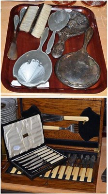 Lot 6 - A tray of assorted silver and enamel dressing table items and four cased sets of plated flatware