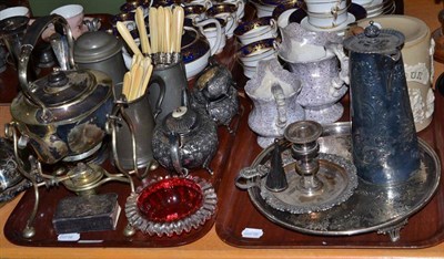 Lot 15 - Two trays of plated wares including spirit kettle on stand, three piece tea set, pottery etc