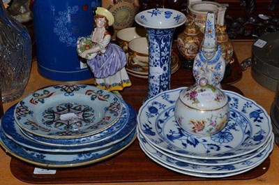 Lot 23 - Four Meissen onion pattern plates, two Delft plates, three pearlware plates, a vase, a figure,...