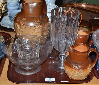 Lot 33 - Four Doulton Lambeth stoneware harvest jugs, another, a glass lemonade jug, a glass rinser, a...