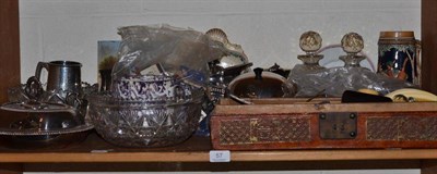 Lot 57 - A shelf of ceramics, glassware, plated ware, wooden box of dressing table items etc