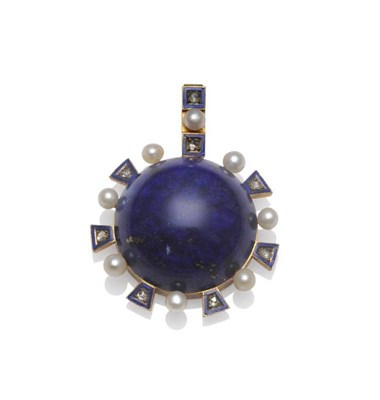 Lot 238 - A Late Victorian Lapis Lazuli, Pearl and Diamond Pendant, the round cabochon lapis lazuli...