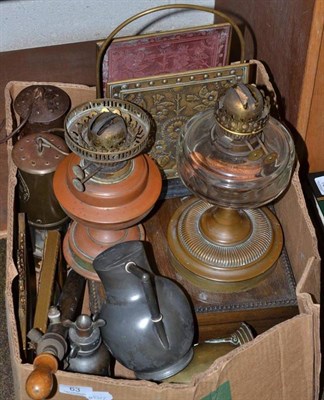 Lot 63 - Two Hinks double burners, two miners lamps, roasting spit, Hurricane lamp, bat shade, etc