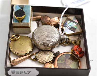 Lot 66 - Assorted jewellery and curios including a coin holder, charms, a picture locket, seal fobs and...