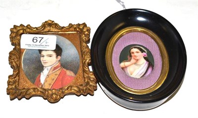 Lot 67 - A miniature portrait of a soldier and an oval porcelain plaque