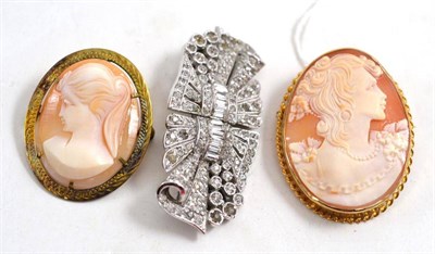 Lot 72 - A 9ct gold cameo brooch depicting a maiden, another cameo brooch in a gold plated frame and a paste