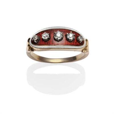 Lot 240 - A Diamond and Enamel Ring, five graduated old cut diamonds in white collet settings sit on a...