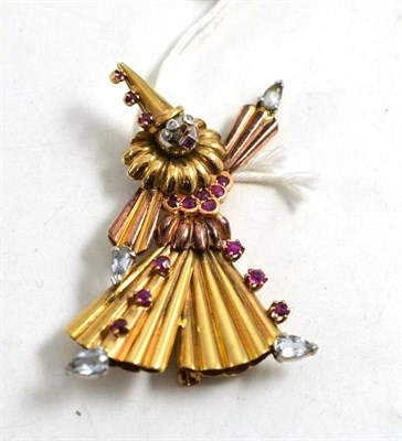 Lot 86 - A gem set clown brooch, diamonds, rubies and aquamarines inset, measures 4.7cm by 5.5cm