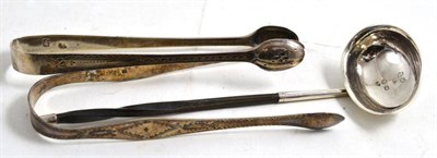 Lot 94 - Two pairs of sugar tongs and a sauce ladle
