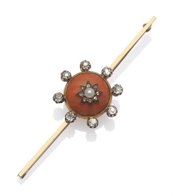Lot 243 - A Late Victorian Split Pearl, Coral and Diamond Bar Brooch, the round cabochon coral inset...