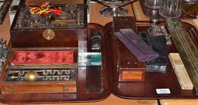 Lot 114 - Mixed instruments, including a Wheatstone Bridge, mahogany cased hydrometer, two rolling rules,...