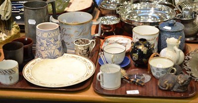 Lot 116 - Two trays of decorative ceramics including coffee cans, frog mug, horn beaker, cloisonne vase etc