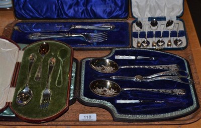 Lot 118 - A pair of silver fish eaters cased, an incomplete christening set cased, six cased teaspoons...