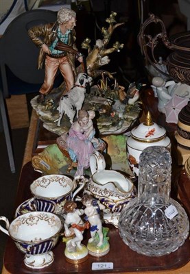 Lot 121 - Quantity of decorative ceramics and glass including a carafe and a large Continental figure group