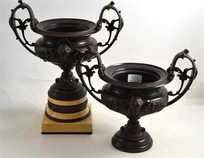 Lot 123 - Pair of two handled urns, after the antique