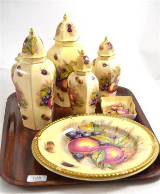 Lot 128 - Five Aynsley Orchard Gold vases, pair of plates and pin tray