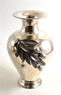 Lot 134 - A white coloured metal vase applied with olive branches, stamped 900