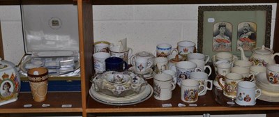 Lot 159 - Two shelves of Royal commemorative ware including a Doulton stoneware Victoria jubilee beaker,...