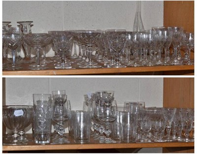 Lot 166 - Two shelves of assorted cut crystal drinking glasses including various tumblers liqueur glasses etc