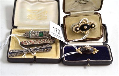Lot 170 - Three silver paste Art Deco brooches, carbuncle garnet and pearl brooch and locket brooch (5)