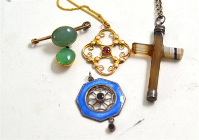 Lot 171 - Victorian agate cross, Edwardian blue enamelled pendant, brooch and a pendant and chain