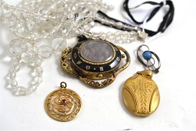 Lot 174 - A Charles Horner brooch, a crystal bead necklace, a mourning pendant on chain (a.f.) and two...
