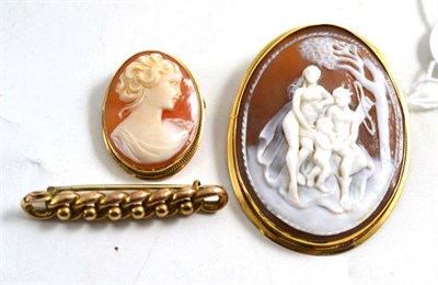 Lot 179 - A cameo brooch, another and a bar brooch