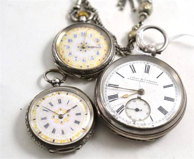 Lot 185 - A silver pocket watch and two fob watches, one with albertina