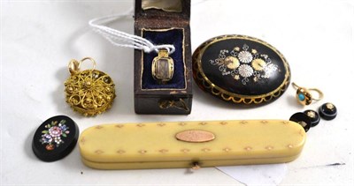 Lot 202 - An ivory toothpick case, an 18ct gold mourning ring, a tortoiseshell pique brooch, a pair of...