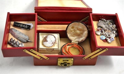 Lot 203 - A 9ct gold shell cameo brooch, a silver charm bracelet, three silver brooches and a coral necklace