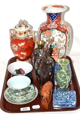 Lot 205 - A tray including a pair of cloisonne vases, Japanese Imari vase, cup and saucer and other...