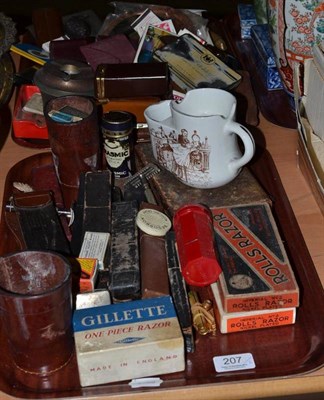 Lot 207 - A tray of assorted shaving related items including cut throat razors etc