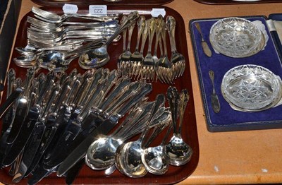 Lot 223 - A cased pair of silver and cut glass butter dishes with knives and a plated Roberts & Belk part...