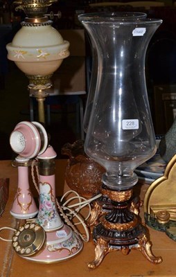 Lot 228 - Pair of candle holders, decorative telephone, brass oil lamp and shade