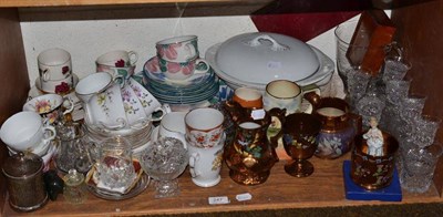 Lot 247 - A shelf of decorative ceramics and glass including a Royal Doulton Series ware mug, copper...