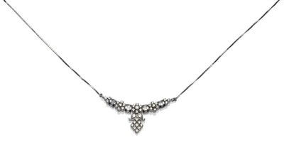 Lot 257 - A Diamond Necklace, a curved bar and drop panel, inset with round brilliant cut diamonds and...