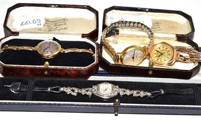 Lot 257 - A 9ct gold lady's watch; another; a gilt Smith's lady's watch and a marcasite dress watch by Rotary