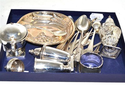 Lot 270 - A silver three piece condiment set, a silver pepperette, silver napkin ring, silver spoons, 800...