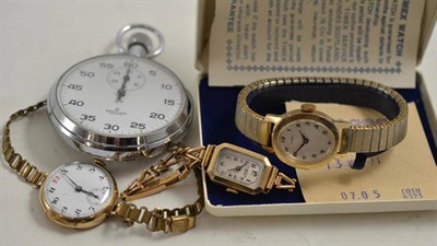 Lot 273 - Two 9ct gold lady's wristwatches, Timex lady's watch and a Breitling stopwatch