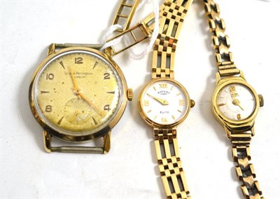 Lot 274 - A lady's wristwatch, case stamped '14CT' with attached 9ct gold bracelet, another lady's wristwatch