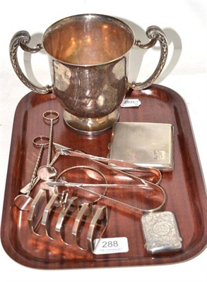 Lot 288 - Silver trophy cup engraved Pilkington Cup, silver cigarette case, silver vesta, two pairs of...