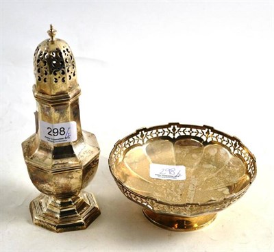 Lot 298 - A silver hallmarked sugar caster in Georgian style by Walker & Hall; a small silver panelled footed