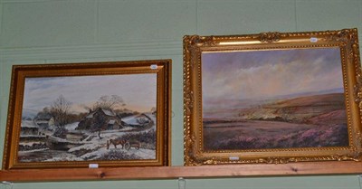 Lot 309 - Leonard W Owens, gilt framed oil on canvas, winter scene; C.Russell, moorland landscape, oil on...