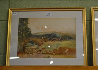 Lot 310 - Fred Lawson (1888-1968), figures on a stone bridge, signed and dated 1912, watercolour, 27cm by...