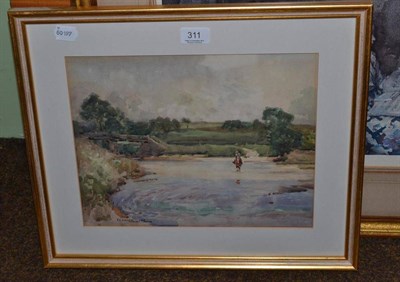 Lot 311 - Fred Lawson (1888-1968), river scene with a figure crossing a ford on horseback, footbridge to...