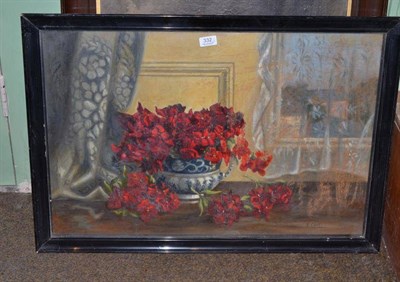 Lot 332 - E Carter, wall flowers, signed, oil on board, together with a still life of a plate and an urn...